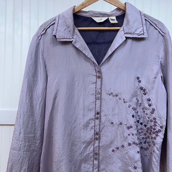J.jill Lavender Silk Embroidered Floral Button-Down Blouse Top MP Women's Chic - Picture 1 of 9